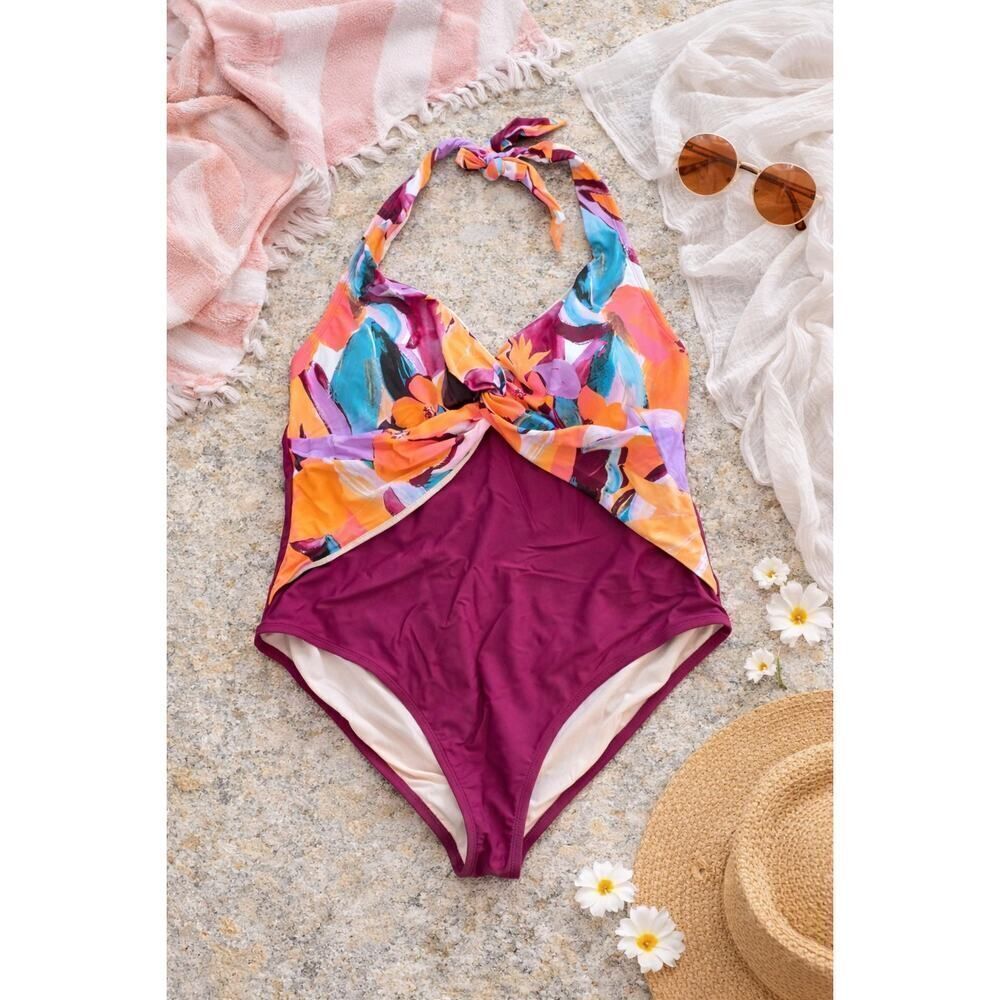 Cupshe Plus Size 3X Berry One‑Piece Swimsuit Flattering Summer Beachwear Travel
